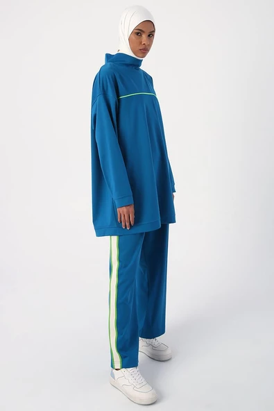 Petrol-Neon Detaylı Likralı Oversize Sweat - 5