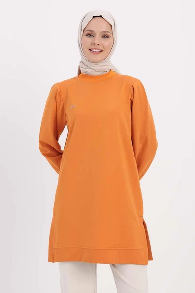 Turuncu-TAŞ YAZILI KOLU PİLELİ YANI YIRTMAÇLI TUNİK ürün görseli