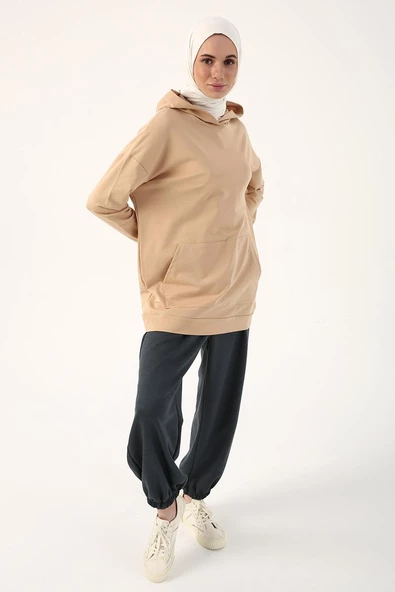 Camel-Kapüşonlu Sweat Tunik - Resim 2