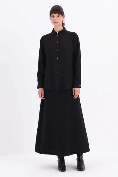 Siyah-KÖŞE MANŞET DETAYLI ŞIK DÜĞMELİ GÖMLEK - Resim 2