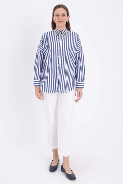 Beyaz-Lacivert-Oversize Basic Gömlek - Resim 2