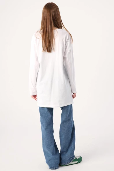 Beyaz-Bisiklet Yaka Baskılı T-shirt - Resim 4