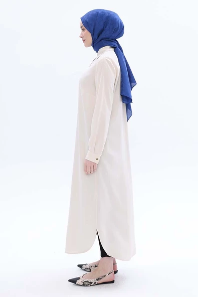 Ekru-Gizli Patlı Gömlek Tunik - Resim 3