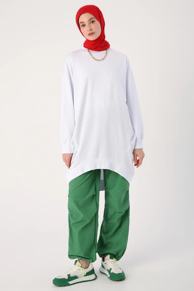 Beyaz-Yanları Pileli Ribanalı Likralı Sweat - Resim 2