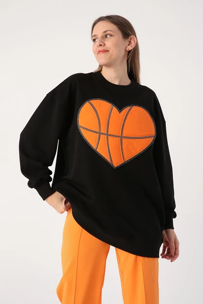 Siyah-Oversize Aplike Nakışlı Sweat ürün görseli