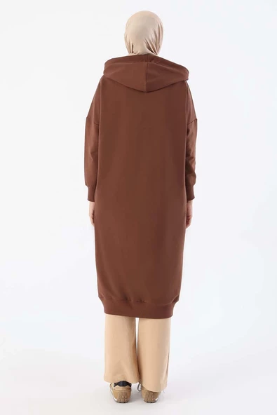 Kahve-Kuşgözlü Kapüşonlu Cepli Sweat Tunik - Resim 4