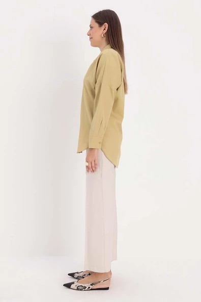 Olive-Oversize Basic Gömlek - Resim 3