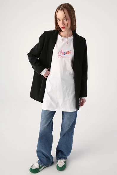 Beyaz-Bisiklet Yaka Baskılı T-shirt ürün görseli