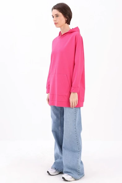 Fuşya-Kapüşonlu Kanguru Cepli Likralı Sweat - 3