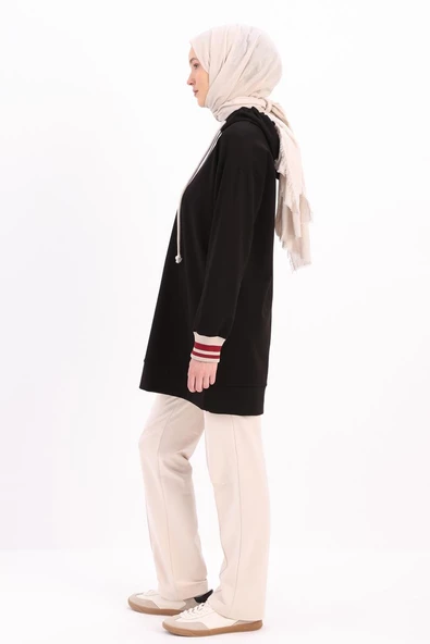 Siyah-NAKIŞLI MANŞETİ RİBANALI SWEAT TUNİK - Resim 3