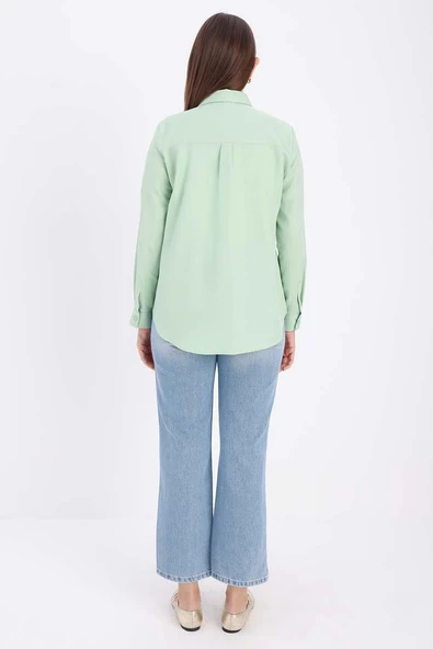 Su Yeşili-Pamuklu Gizli Patlı Gömlek - Resim 4