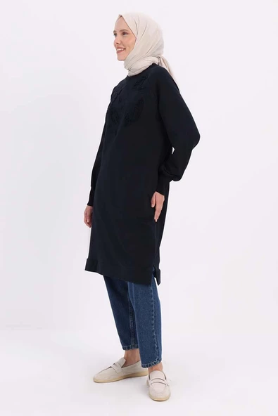 Lacivert-NAKIŞLI PİLİKAŞELİ SWEAT TUNİK - Resim 3