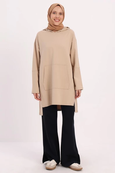 Bej-KAPÜŞONLU YANLARI YIRTMAÇLI SWEAT TUNİK - Resim 2