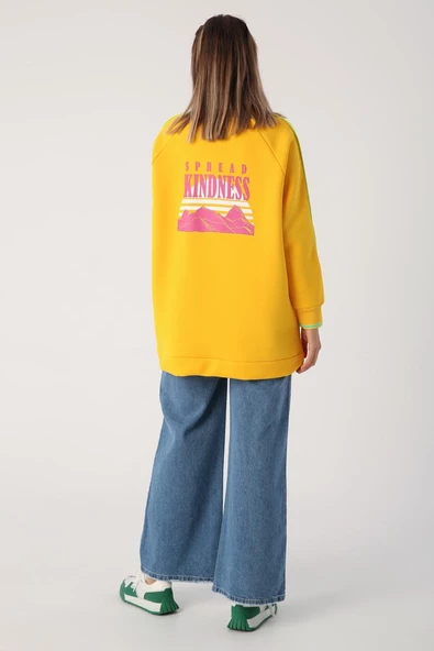 Koyu Sarı-Oversize Neon Detaylı Arkası Baskılı Şardonlu Sweatshirt - 4