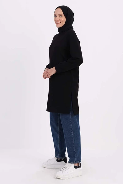 Siyah-FERMUAR CEPLİ YIRTMAÇLI SWEAT TUNİK - Resim 3