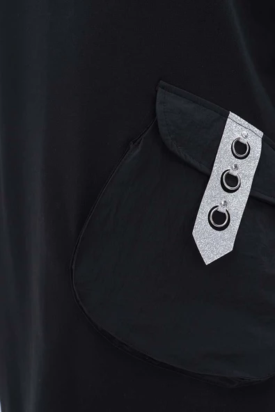 Siyah-Aksesuar Cepli Sweat Tunik - Resim 5