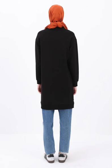 Siyah-APLİKE NAKIŞLI SWEAT TUNİK - Resim 4