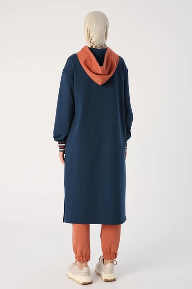 Koyu İndigo-İki Renkli Kapüşonlu Sweat Tunik - 4