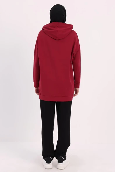 Bordo-Kapüşonlu Kanguru Cepli Likralı Sweat - 4