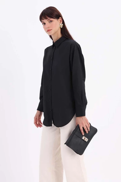 Siyah-ÖNDEN VE ARKADAN DÜĞMELİ GÖMLEK TUNİK - 5