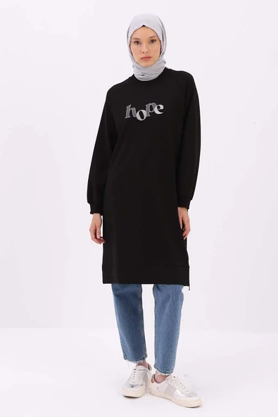 Siyah-YANDAN GARNİ YIRTMAÇLI SWEAT TUNİK - Resim 2