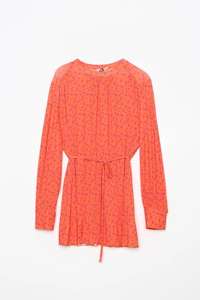 Turuncu-Fuşya-Desenli Biye Kemerli Rahat Piliseli Likralı Tunik - Resim 6