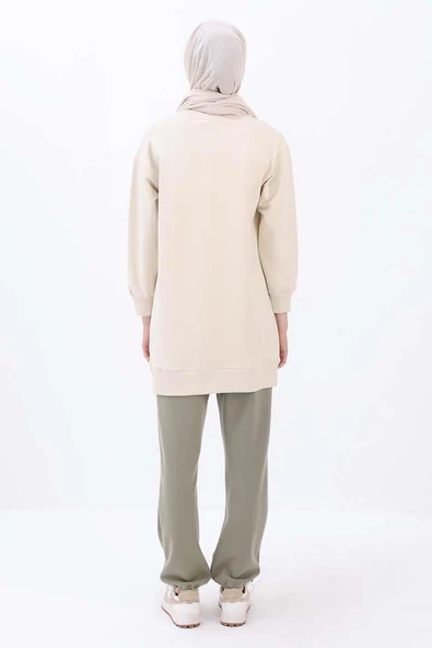 Ekru-APLİKE NAKIŞLI SWEAT TUNİK - Resim 4