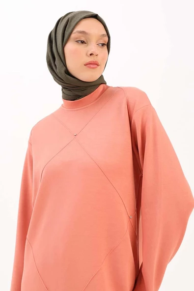 Somon-Taşlı Geometrik Çima Detaylı Likralı Tunik ürün görseli 1