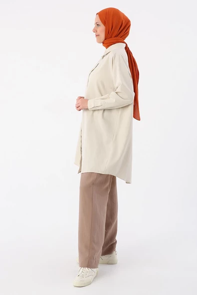 Açık Bej-Büyük Beden Gömlek Tunik - Resim 3