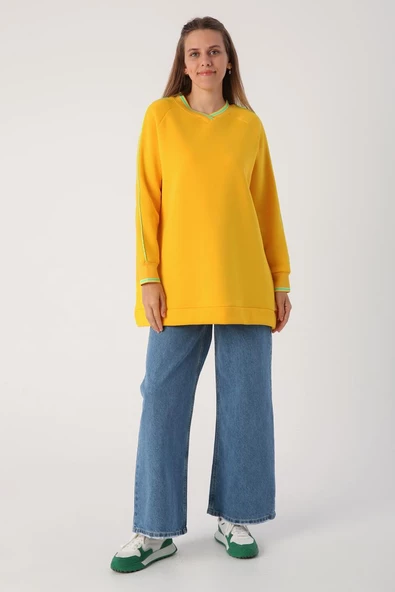 Koyu Sarı-Oversize Neon Detaylı Arkası Baskılı Şardonlu Sweatshirt - 2