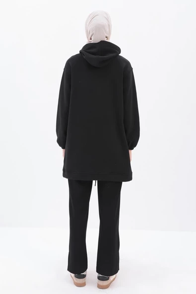 Siyah-Kulplu Kapüşonlu Sweat Tunik - Resim 4