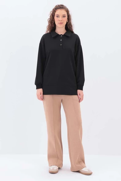 Siyah-Yanları Fermuarlı Yakalı Sweat Tunik - Resim 2