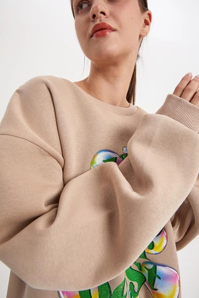 Bej01-Baloncuk Baskılı Oversize Sweatshirt - 5