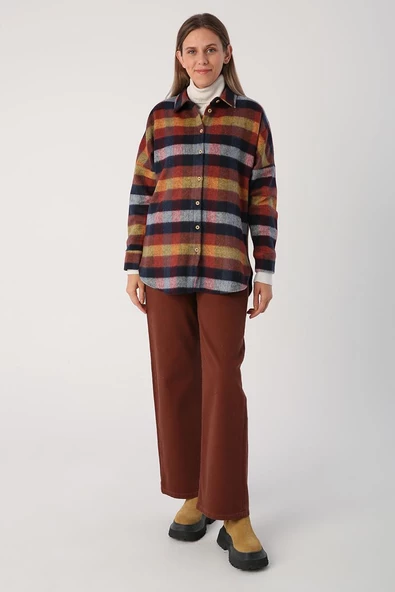 Lacivert-Kiremit-Oversize Oduncu Gömlek - Resim 4