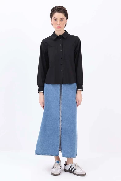 Siyah-MANŞETİ RİBANALI BÜYÜK CEPLİ GÖMLEK - Resim 2