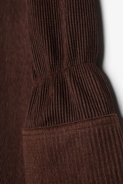Kahve-Piliseli Kolları Bağcık Detaylı Gömlek Tunik - 6