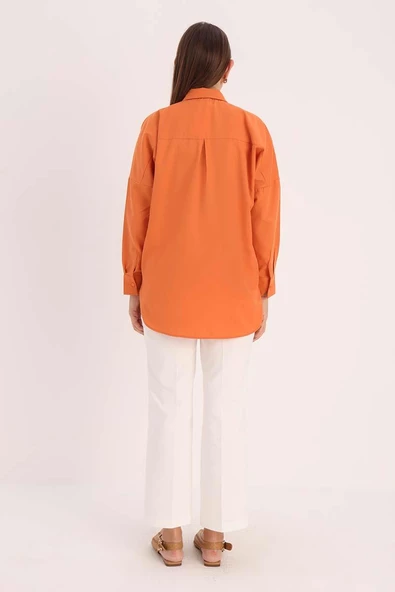 Turuncu-Oversize Basic Gömlek - 4