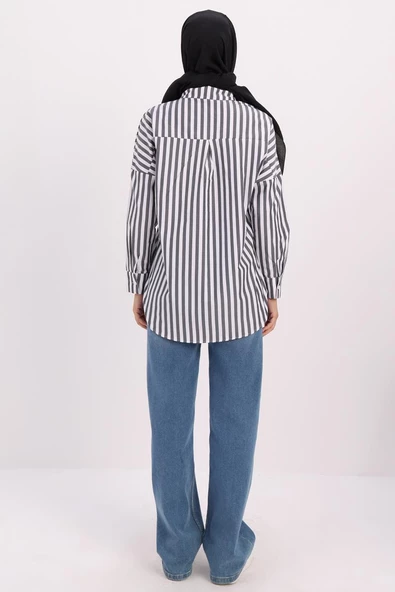 Siyah-Beyaz-Oversize Basic Gömlek - 4