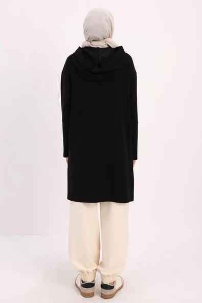 Siyah-KAPÜŞONLU YANLARI YIRTMAÇLI SWEAT TUNİK - Resim 4