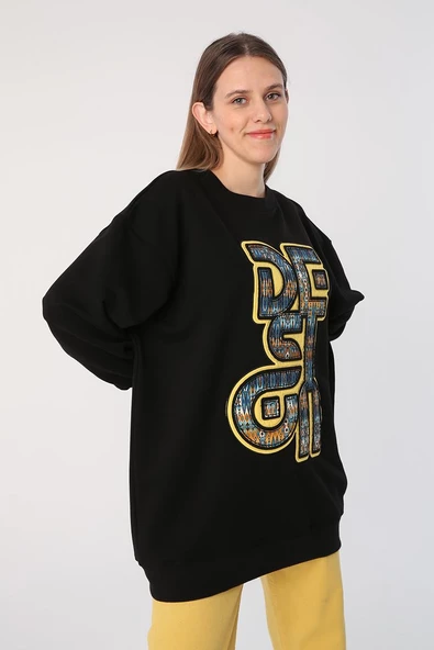 Siyah-Oversize Desenli Aplike Nakışlı Sweat Tunik - Resim 3