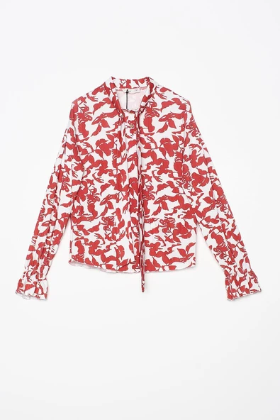 Bordo-Beyaz-Yakası Bağlama Detaylı Likralı Crep Bluz - Resim 7