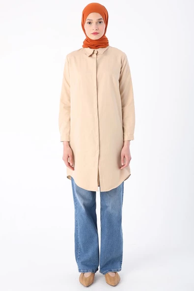 Açık Bej-Gizli Patlı Gömlek Tunik - Resim 2