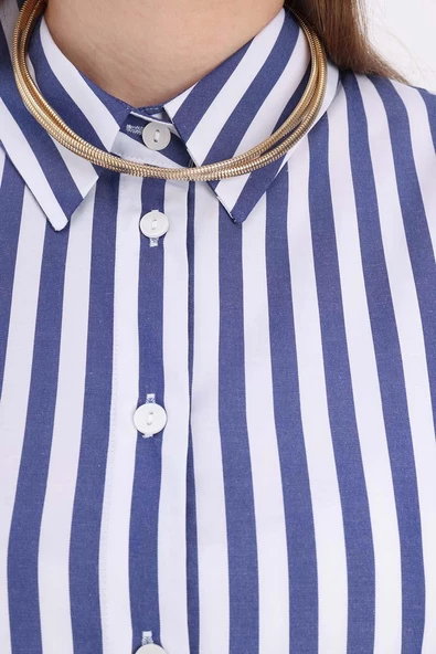 Beyaz-Lacivert-Oversize Basic Gömlek - Resim 5