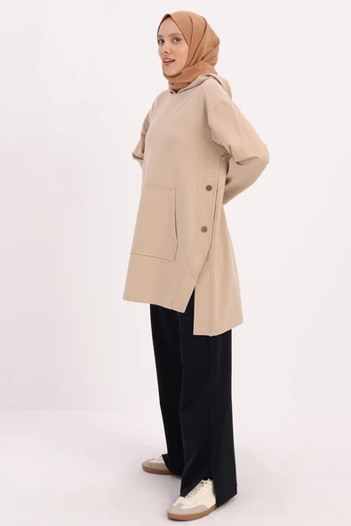 Bej-KAPÜŞONLU YANLARI YIRTMAÇLI SWEAT TUNİK - Resim 3