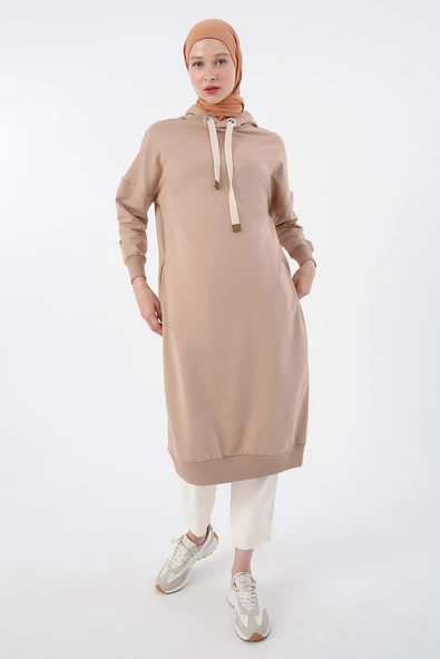 Bej-Kuşgözlü Kapüşonlu Cepli Sweat Tunik