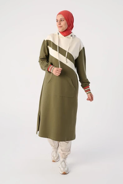 Açık Haki-İki Renkli Kapüşonlu Sweat Tunik - 2