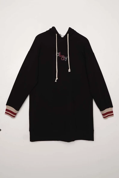 Siyah-NAKIŞLI MANŞETİ RİBANALI SWEAT TUNİK - Resim 6