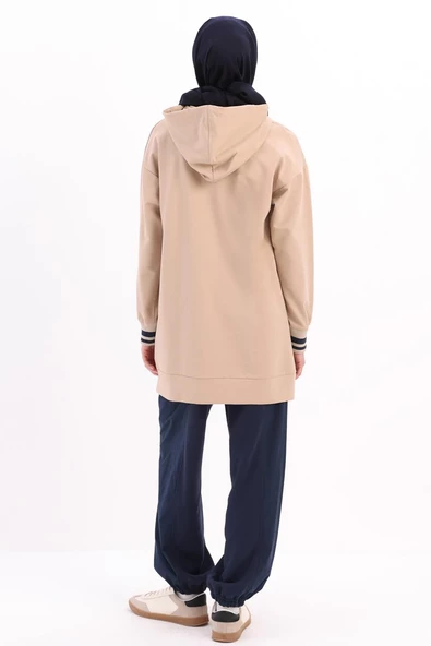 Bej-NAKIŞLI MANŞETİ RİBANALI SWEAT TUNİK - 4