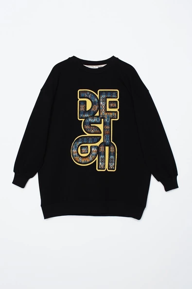 Siyah-Oversize Desenli Aplike Nakışlı Sweat Tunik - Resim 8