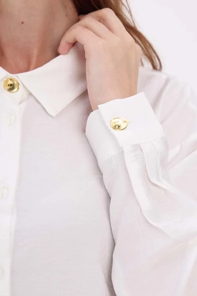 Ekru-KÖŞE MANŞET DETAYLI ŞIK DÜĞMELİ GÖMLEK - Resim 4